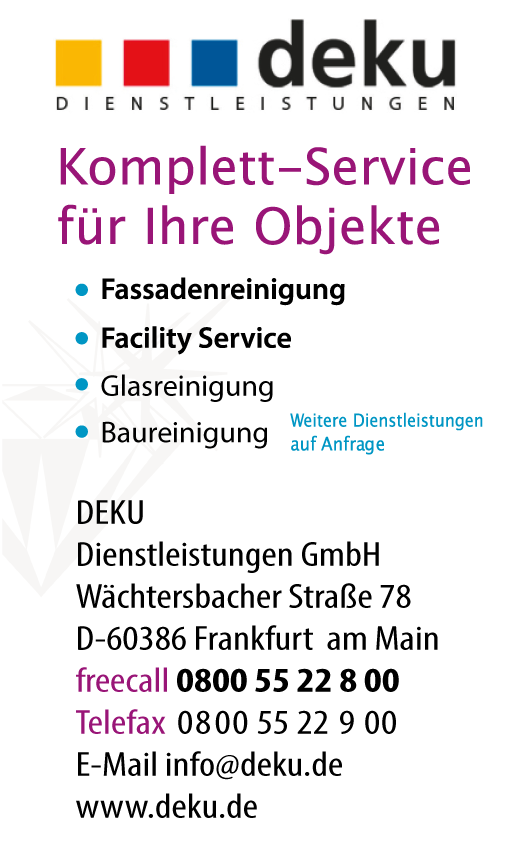 Bewertungsbanner für DEKU Dienstleistungen mit Bezug zur Fassadenreinigung in Frankfurt und Kundenmeinungen.