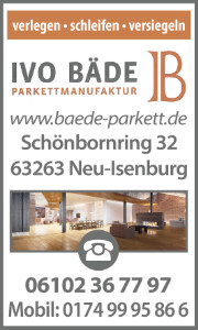 Banner der Ivo Bäde Parkettmanufaktur Neu-Isenburg mit Kontaktdaten für Parkett verlegen in Frankfurt.